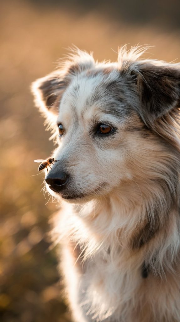 Close-up of a cute dog with a bee on its nose